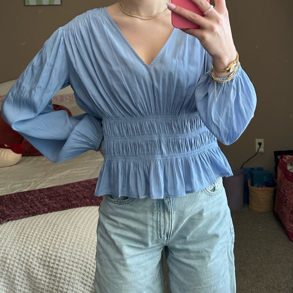 Chic Blue V-Neck Blouse